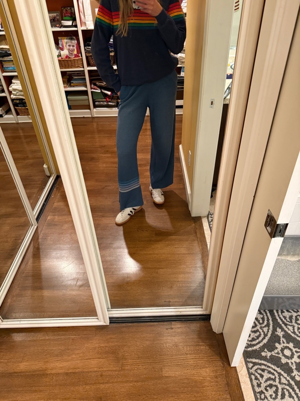 Aviator Nation Dusty Blue Wide-Leg Knit Pants with Hem Stripes